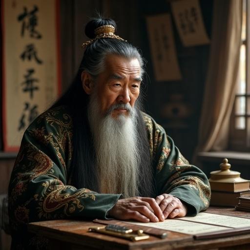 An elderly wizard sits quietly in a dimly-lit mountain cottage. Surrounding him are ancient scrolls and worn tomes. Beside him stands a vision of Yang Guifei in an elegant Han dynasty silk robe. Her robe is embroidered with golden phoenixes. She has long black hair with jade ornaments. Her skin is porcelain-smooth. Her expression is serene yet melancholic. Soft warm light outlines her graceful figure. The scene appears highly detailed and photorealistic, with cinematic lighting and emotional contrast between age and beauty.