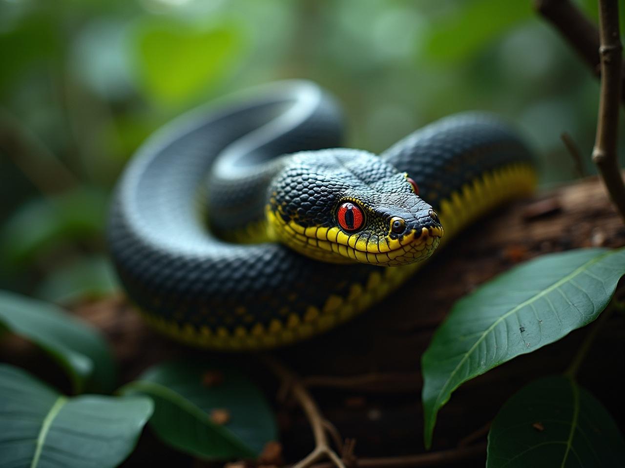 This image features a striking close-up of a snake resting on a tree branch in a lush jungle setting. The snake is predominantly black with vivid yellow underbelly and bright red eyes, which adds a dramatic contrast against the dense green foliage. The overall composition draws attention to the snake's vibrant colors and textured scales, creating a sense of intensity and alertness.