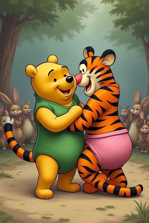 Winnie the Pooh and Tigger wrestling in a forest. Pooh wearing green leotard and Tigger in pink knickers. Tigger is pinned to the ground by Pooh. Rabbits are watching from behind.