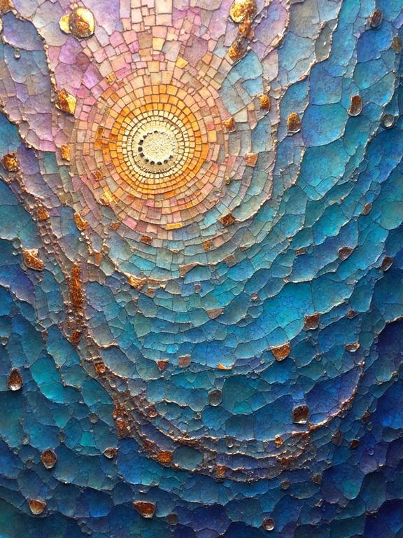 Iridescent ceramic tile and glass mosaic. Ethereal and abstract design. Encaustic mixed media artwork with close-up detail.