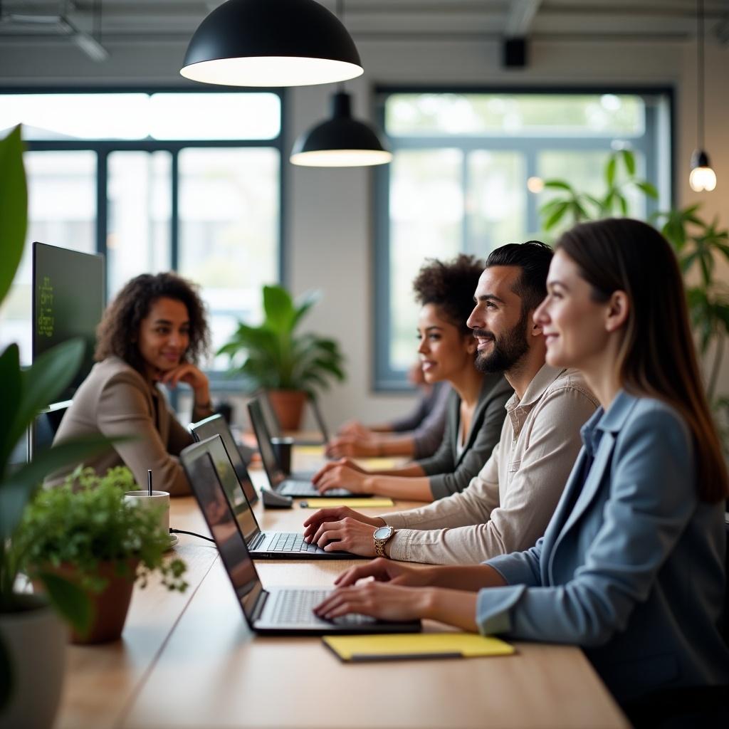 Group of professionals working in a modern office setting with laptops. They are sitting at a long table with lush green plants. Natural light illuminates the space.