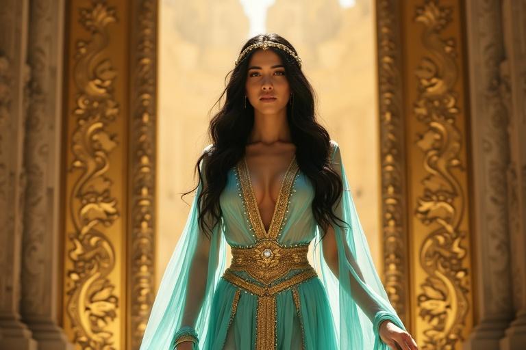 A tall woman in a turquoise Arabian princess outfit enters through golden doors. The outfit features ornate gold embroidery and sheer overlay pants. She has shiny black hair and wears a jeweled headpiece. Fairies circle above her. Her expression is reverent.