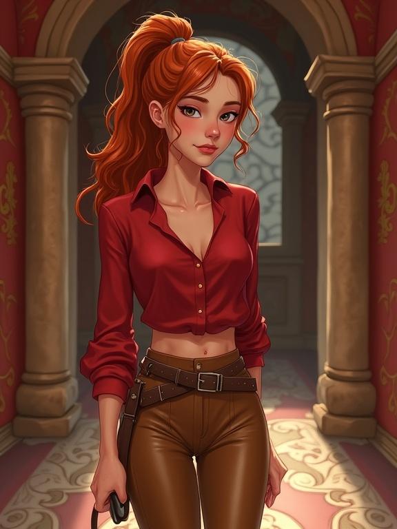 Disney parody illustration featuring a ginger thief in a red blouse and tan leather trousers walking through a mansion corridor. Detailed background with a fairytale theme. Emphasizes the character's figure and distinct features.