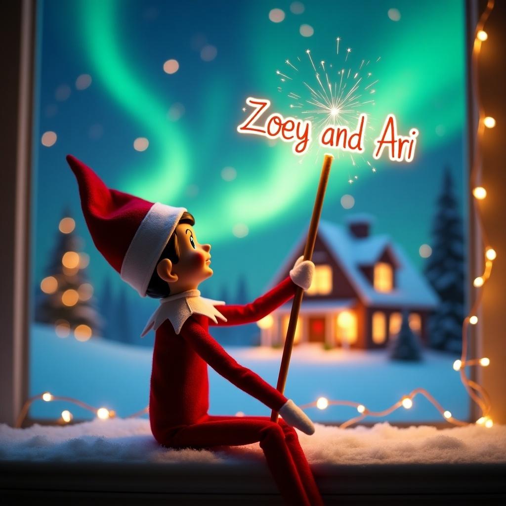 An elf on the shelf sits with its back to the viewer. The elf gazes upward. It holds a glowing wand that emits sparkling light. The background features colorful northern lights. A cozy house appears in the distance. The ground is covered in snow. The elf displays a playful pose, representing Christmas magic. The name 'Zoey and Ari' is created in the air with the wand.