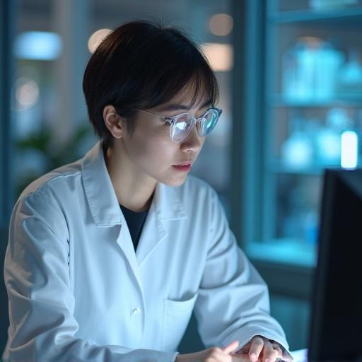 A female scientist with short hair in a lab coat focuses on a computer screen inside a modern laboratory. The lab features advanced equipment and a well-organized workspace, creating a professional atmosphere.
