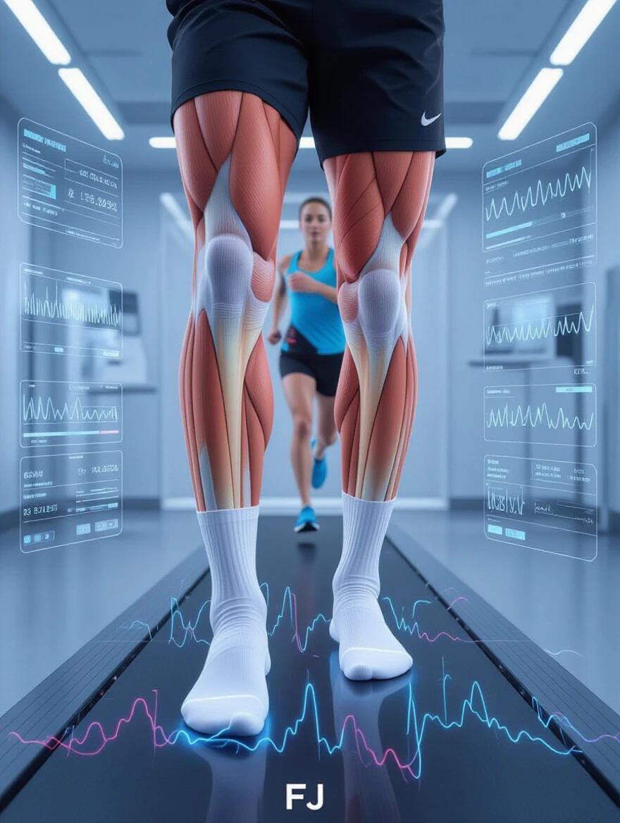 Medical sports science image showing compression socks revealing calf muscles. Muscle activation patterns visible through synthetic skin. Pulsing blood flow indicators and electrical signals displayed. Athlete running on treadmill in a sterile lab environment. Real-time performance data shown alongside. High-speed photography captures muscle activity. Athletic gear and technology combined for peak performance exposure.
