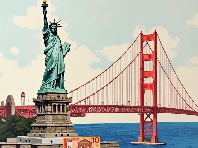 Collage features Statue of Liberty and Golden Gate Bridge with a 100 euro bill.
