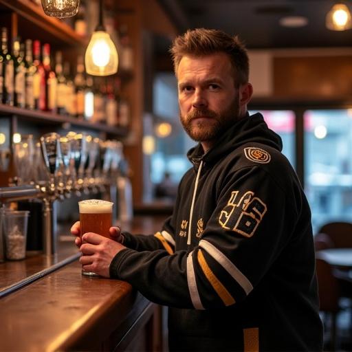 Former ice hockey player stands behind bar in warm-lit pub. He serves a beer while wearing stylish sweatshirt. Warm tones create inviting atmosphere.