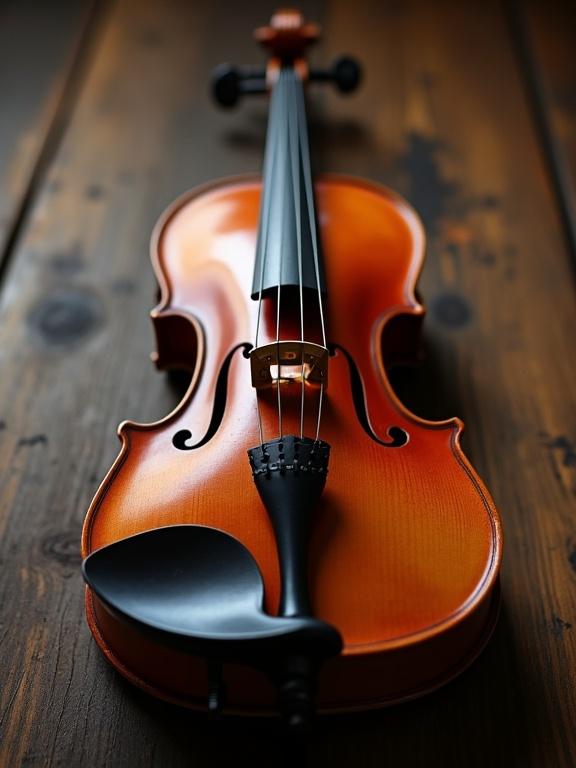 Close-up view of a violin on a wooden table. Instrument shows details of its body and strings. Natural lighting highlights wood grain and colors.