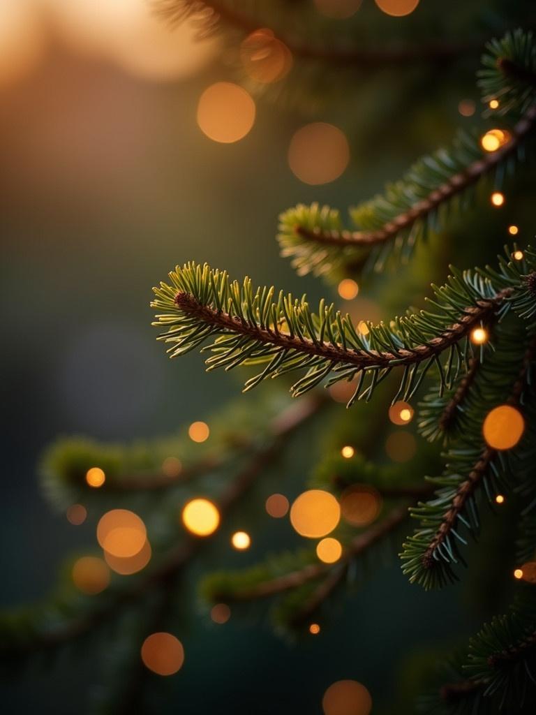 A close-up of a delicate pine branch. The branch has tiny shimmering lights. The background features warm glowing bokeh. The scene evokes a festive atmosphere.