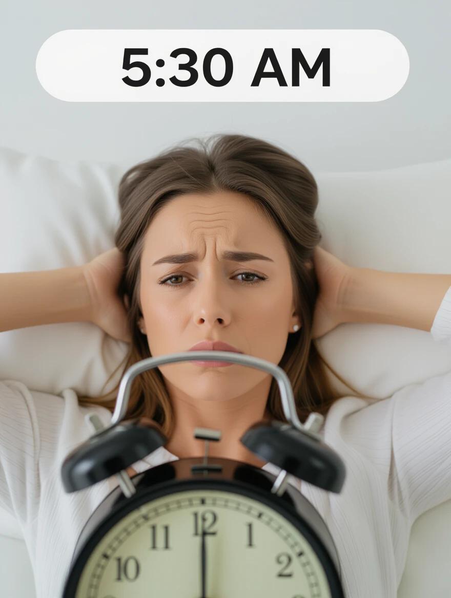 A woman wakes up to a blaring alarm clock at 5:30 AM. The woman has heavy eyes and a blank face. She covers her ears with her hands. The alarm clock is in front of her, clearly visible.