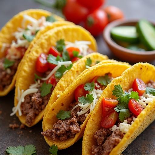 Close-up image of vibrant tacos placed on a wooden table. Tacos filled with ground beef, shredded cheese, lettuce, tomato, and cilantro. Fresh ingredients visible. Small bowls with salsa and cucumber on the side.