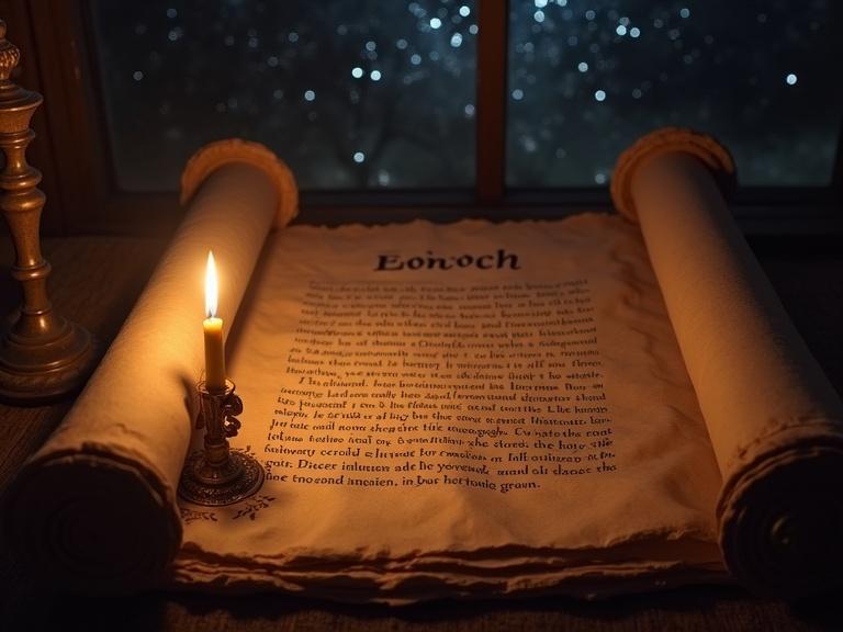An ancient scroll containing Enoch’s story. Candlelight illuminates the scroll. Starry sky appears in the background. Style is symbolic with warm tones. Format is 9:16.