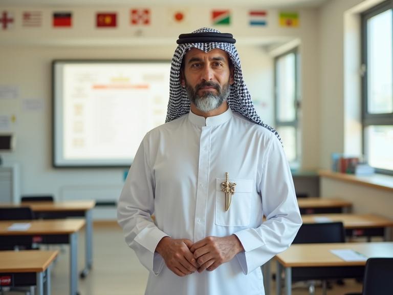 Middle-aged Omani male teacher with light gray hair stands in modern Islamic international school classroom. Dressed in traditional white dishdasha and muzzar. Holds khanjar on leather belt. Confident expression. Smartboard in background, modern furniture, colorful educational materials. Soft daylight filters through large windows. Cinematic lighting and ultra-realistic style.