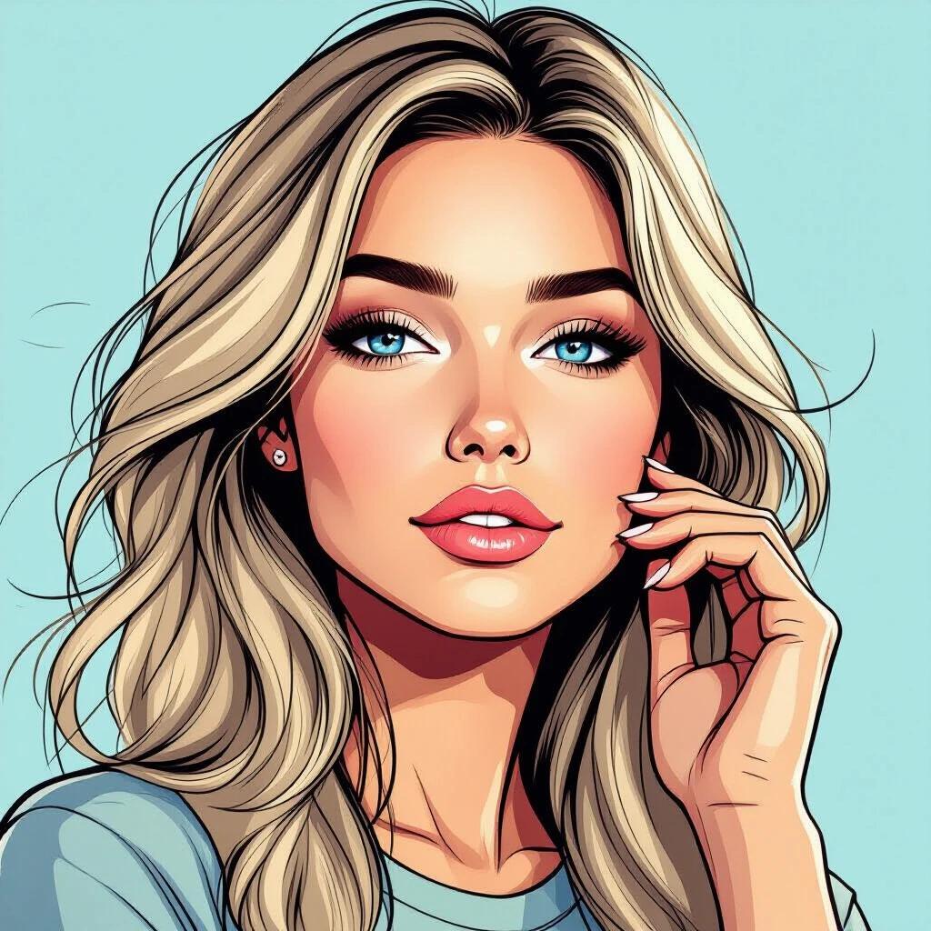 Semi-portrait of a woman in semi-profile. She has blue eyes and long blonde hair. One hand brushes windblown hair from her face. No makeup used. Semi-realistic comic style with heavy outlines and photorealistic coloring.