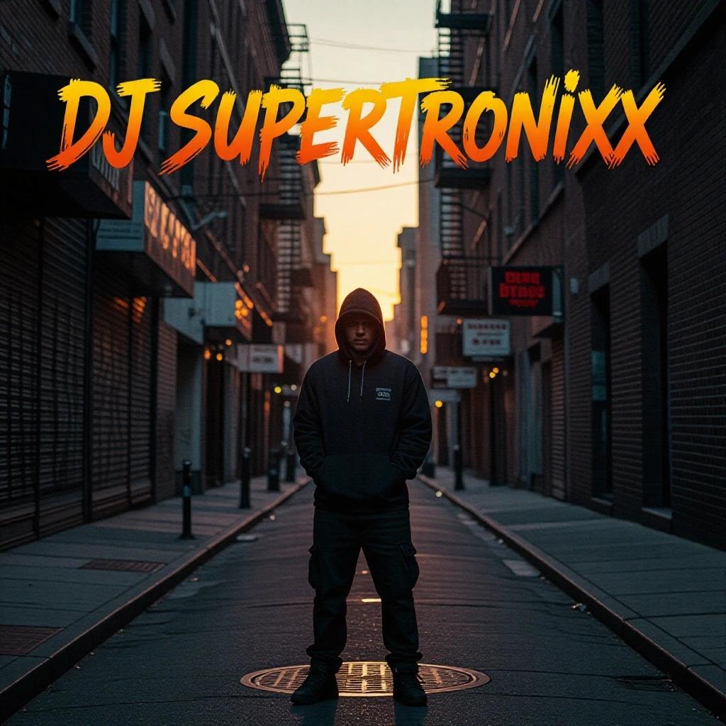 A dark gritty alley represents hip hop culture. Sunset lighting contrasts with dark surroundings. A person stands confidently at the center wearing street attire. Title appears above in bold letters DJ Supertronixx. The subtitle Sunset Shine adds vibrancy.