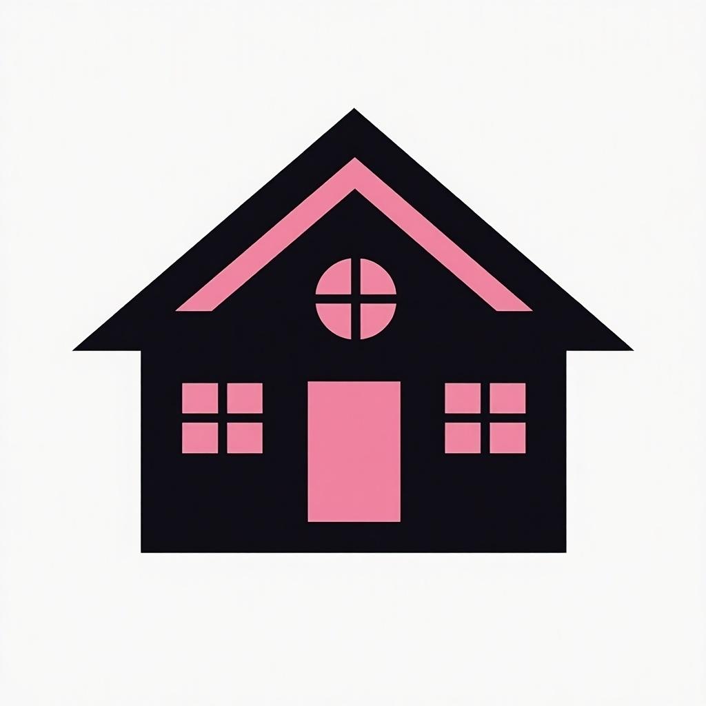 A logo of a house created with a black and pink color scheme. The design is minimalist and focuses on simple shapes.