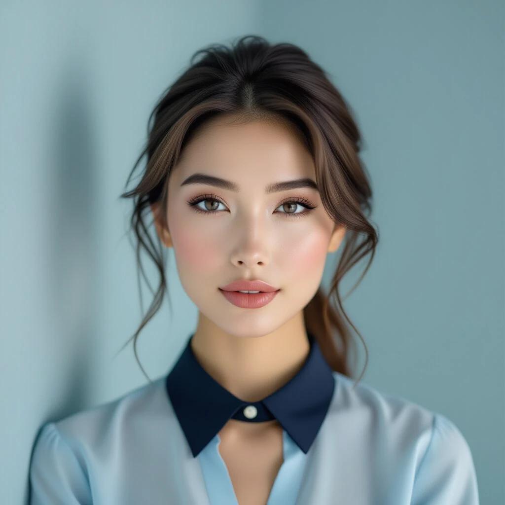 Portrait of a young woman with a serene expression. She wears a light blue blouse with a dark collar. Soft lighting enhances her natural beauty. Background has a muted gradient from light to dark. Focus is sharp on her face with a slight bokeh effect. The mood is calm and minimalist. Color palette is soft and harmonious.