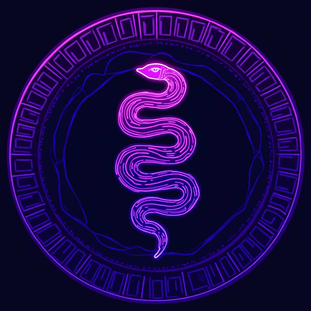 A neon pink and blue snake is coiled within a circular, ornate medallion design against a dark background.