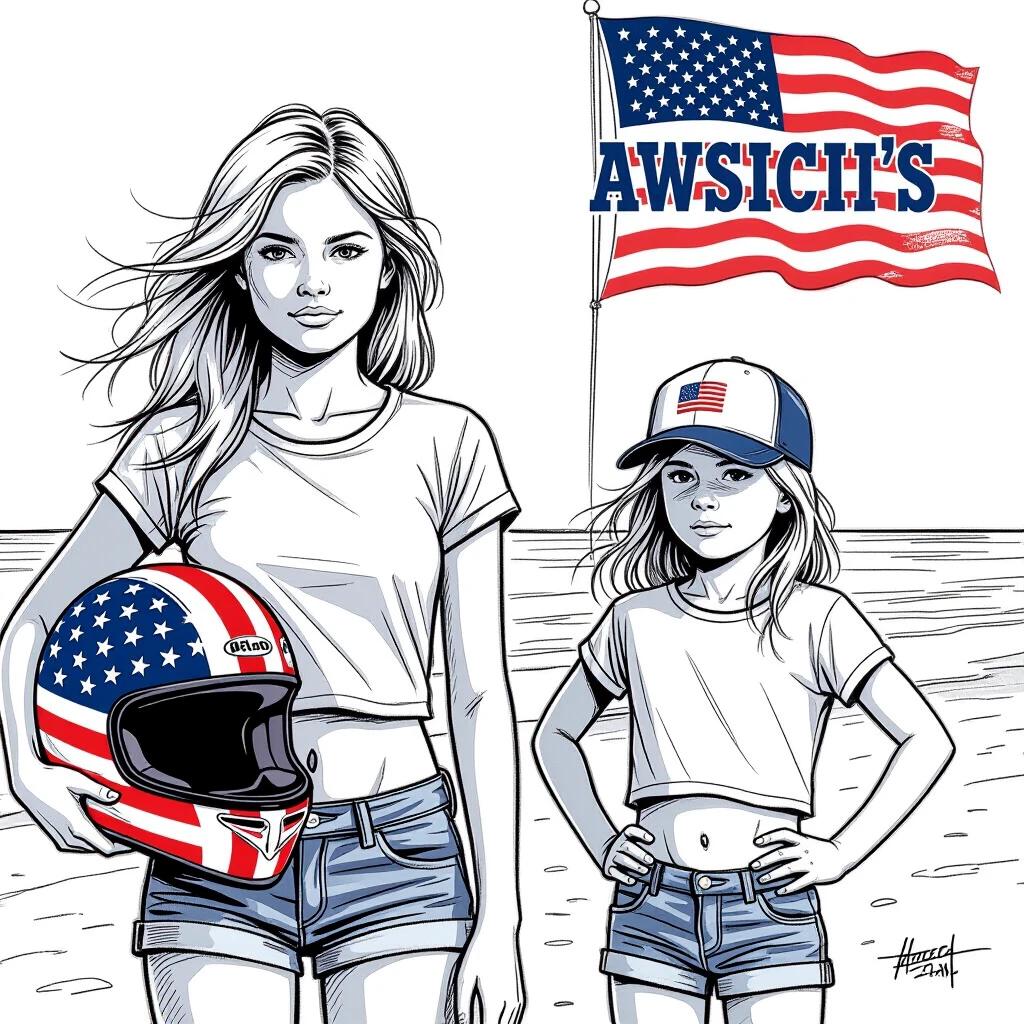 Image of girls on a beach. One girl holds a motorcycle helmet. The other wears a baseball cap. Both girls wear white cropped T-shirts and frayed shorts. They have platinum blonde hair. A flag with the American flag design waves in the background.