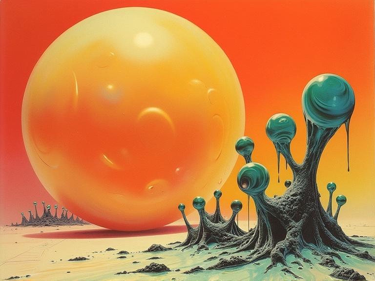 Vintage science fiction paperback cover illustration. Abstract organic shapes in airbrushed style. Central element is large, elongated bulbous form. Warm hues of orange, yellow, and red. Smaller globules with smooth gradients. Liquid-like shapes in deep blues and greens. Dark material structures. Dreamlike, otherworldly atmosphere. Warm background contrasting foreground.