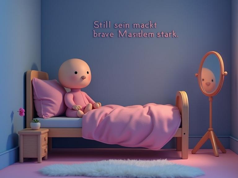 A calm warm evening ambiance in a simple lavender-toned children's room. A small bed in the center with a cover in muted pink and lavender. A childlike figure with a round head and two dark braids sits at the edge of the bed wearing a soft one-piece sleeper. A stylized pacifier in mouth. The figure looks serenely into a standing mirror next to the bed. The expression is serious with slightly flushed cheeks. Simple round letters on the wall read: 'Quietness gives brave girls strength.' Watercolor style with soft, soothing colors in the background.