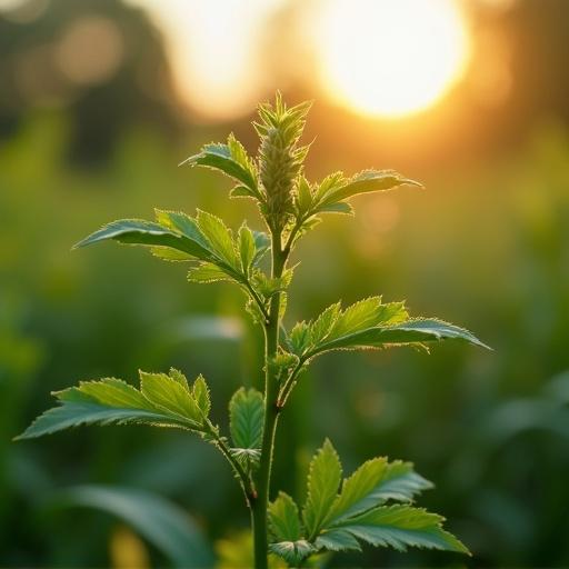 Alfalfa plant in the morning light. Young plant with green leaves. Sunrise and soft light creating a warm ambiance.