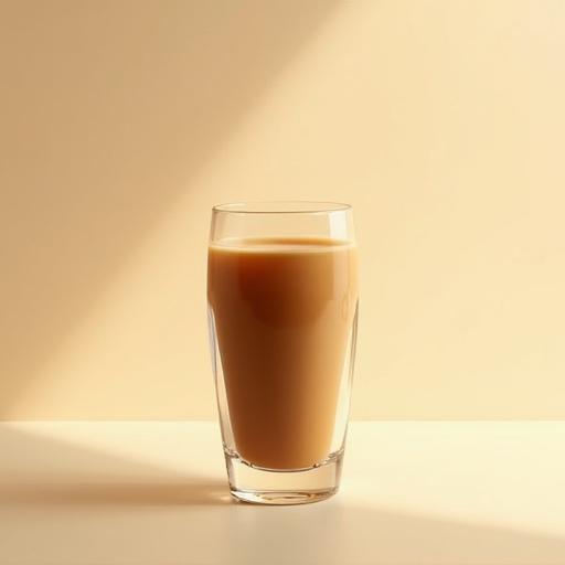 Photorealistic image of a glass filled with coffee. The background is beige. Soft daylight highlights the drink, with a clean layout.