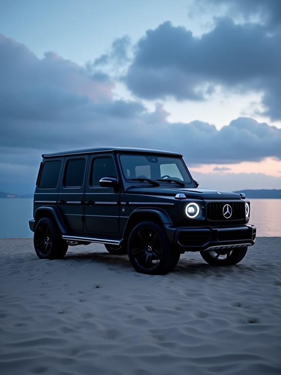 Matte black Mercedes-Benz G-Wagon parked on soft desert sand near calm water at dusk. Dramatic sky with blue and pink clouds. SUV features glowing LED headlights and custom black rims. Clean rugged stance with ambient lighting and soft shadows on sand. No people present.