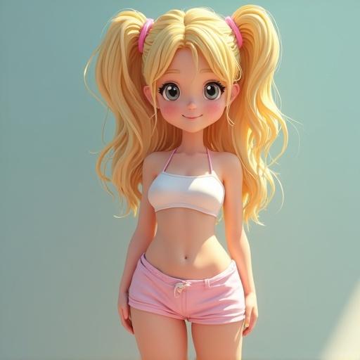 A cute character with blonde twin tails stands in booty shorts. She has a beautiful face and a smile. The character appears petite and innocent.
