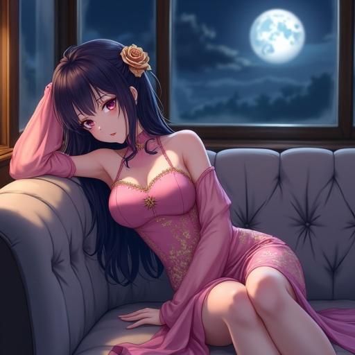 A beautiful sexy anime woman lies on a plush light black sofa. Dark purple hair flows over her shoulders. She wears a sleeveless shokking pink dress with gold floral patterns. The dress has sheer pink sleeves and a mandarin collar. A gold rose is in her hair. A full moon illuminates through a window. Soft warm lighting enhances the scene. Cinematic lighting in semi-realistic anime style.