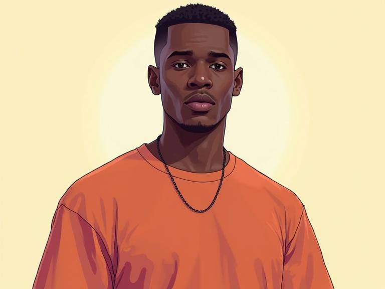 Digital illustration of a black male character facing the camera. Wearing a bright orange t-shirt. Solid colors with no background. 2 bit color style with flat colors. Full frontal view and bright light.