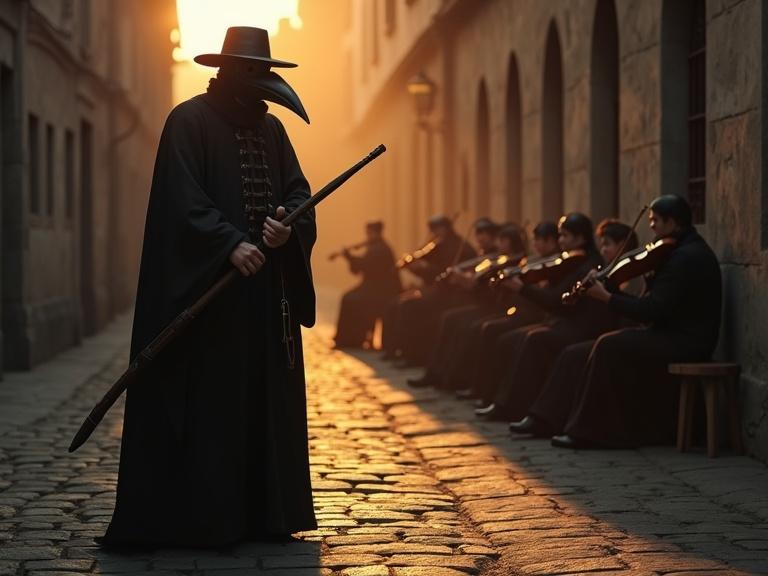 A highly detailed photorealistic image of a medieval plague doctor on a dimly lit eerie street during sunset. The doctor wears a long black robe and a beaked mask. He holds a wooden staff and a sharp lancing tool. The setting includes an old stone building and a string octet playing music.