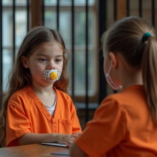 A young girl plays courtroom with her mother. The mother sits in a cage wearing an orange jumpsuit. The girl pretends to be a judge. The mother pleads for leniency while both characters have oversized pacifiers. The scene captures playful imagination in a courtroom setting.