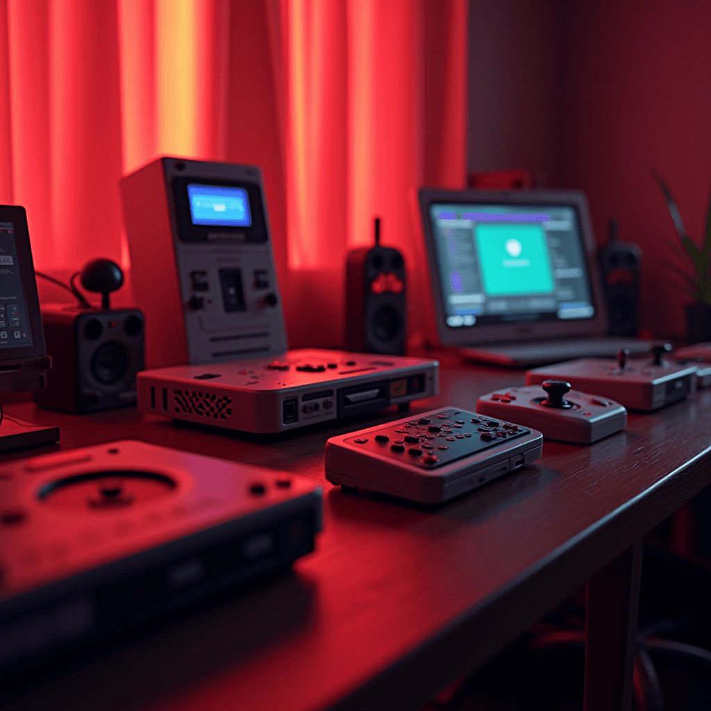 A cozy setup featuring vintage gaming consoles and controllers bathed in red ambient lighting.