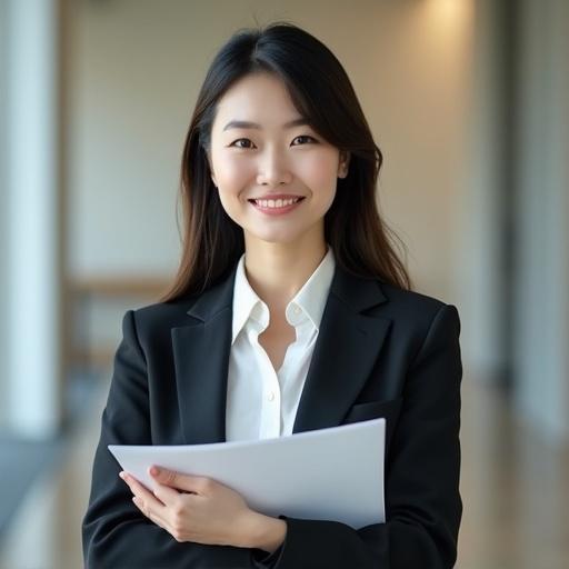 A professionally dressed woman stands confidently with a light pleasant smile. She holds papers in one hand, engaged in a presentation or meeting. The background is softly blurred emphasizing a formal business environment.