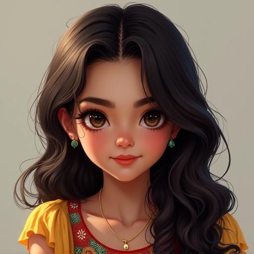A digital art portrait featuring a Persian girl with long black hair, warm skin tones, big eyes, wearing a colorful outfit and jewelry.