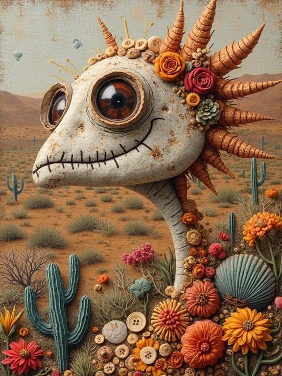A mixed media artwork featuring a desertscape heretic. Close-up depiction with dried flowers, buttons, shells and vibrant threads. Fauvist expressionism in earthy oil tones.