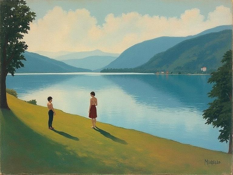 Painting depicts two figures near Lake Geneva in Chexbres. One figure is a child wearing shorts. The other figure is an adult in a red skirt. The lake reflects light and mountains in the background. Surrounding nature is lush and green. Soft clouds adorn the sky above.