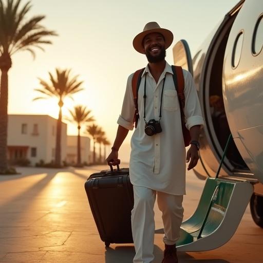 A joyful male tourist steps out of an airplane into a sunny street with palm trees. He wears a hat and has a camera around his neck. He holds a suitcase and is taking a selfie. A green Saudi Arabia flag waves in the background under dreamy lighting. This scene conveys the concept of travel adventure. The style is ultra-realistic with warm color tones.