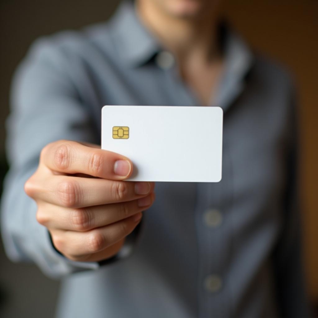 Close up hand holding a blank credit card. Focus on the card and hand.