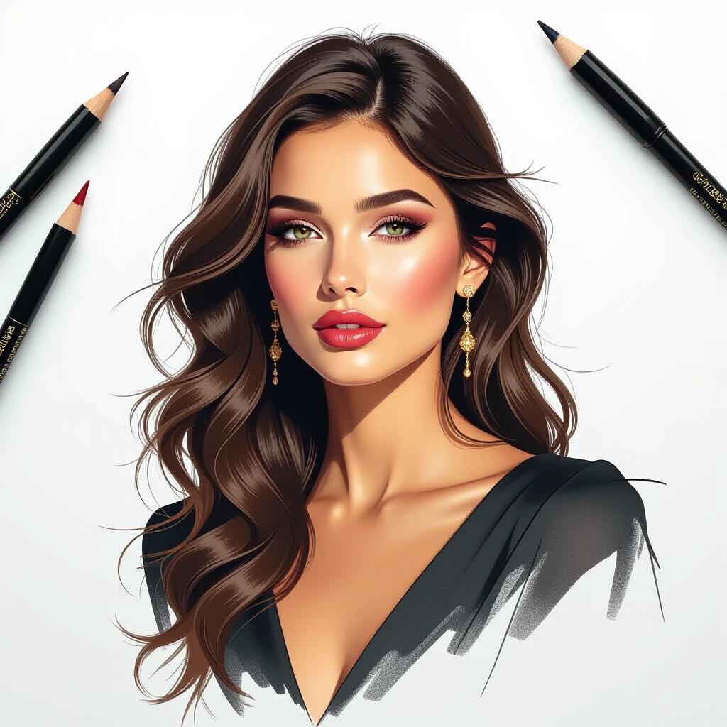 Artistic portrayal of a woman with long wavy hair. Detailed sketch with colored pencils. Styled in a sophisticated manner against a white background. Influenced by renowned artists. High resolution image size.