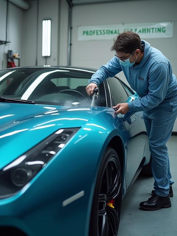 Photograph shows skilled automotive painter applying paint to sleek ocean blue metallic car. Painter wears protective gear and uses spray gun for precise application. Car is inside well-lit industrial garage with concrete floors and organized tools. Soft lighting enhances metallic shine of car. 'PROFESSIONAL CAR PAINTING' text is displayed on garage wall.