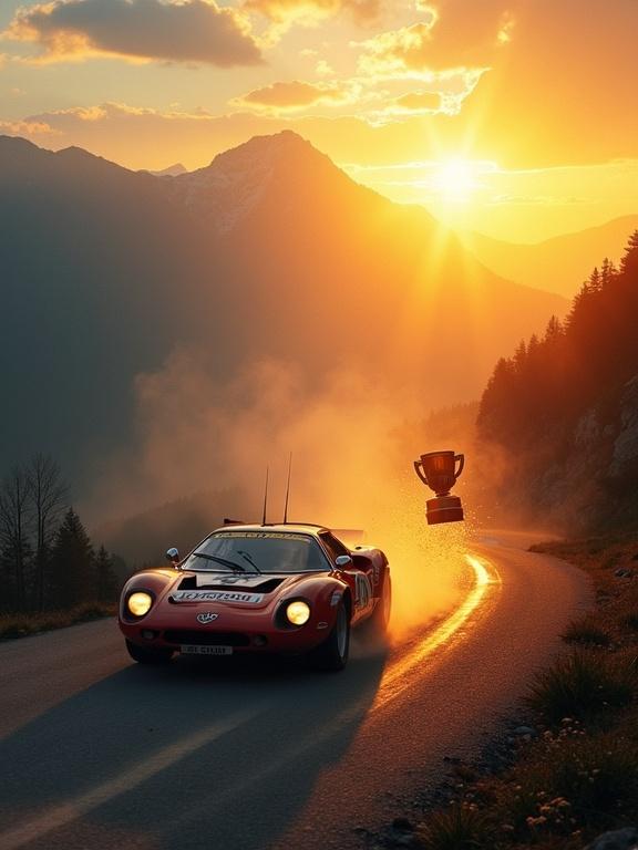 A cinematic poster displaying two silhouettes of a vintage Yugo and a modern Clio Cup car driving on a winding mountain road at sunrise. The left side features black-and-white tones with vintage film grain. Franjo Kunčer is portrayed. The right side showcases vibrant modern colors highlighting Filip Kunčer. Mist surrounds the Lovćen Mountain backdrop. A trophy is floating near the vintage car dissolving into sparks. Text reads 'Još jedan krug' in bold serif font and 'Brzina prolazi. Nasleđe ostaje.' beneath. The mood conveys emotional dynamism and symbolism of legacy and family. The artwork features cinematic lighting with motion blur and dramatic shadows.