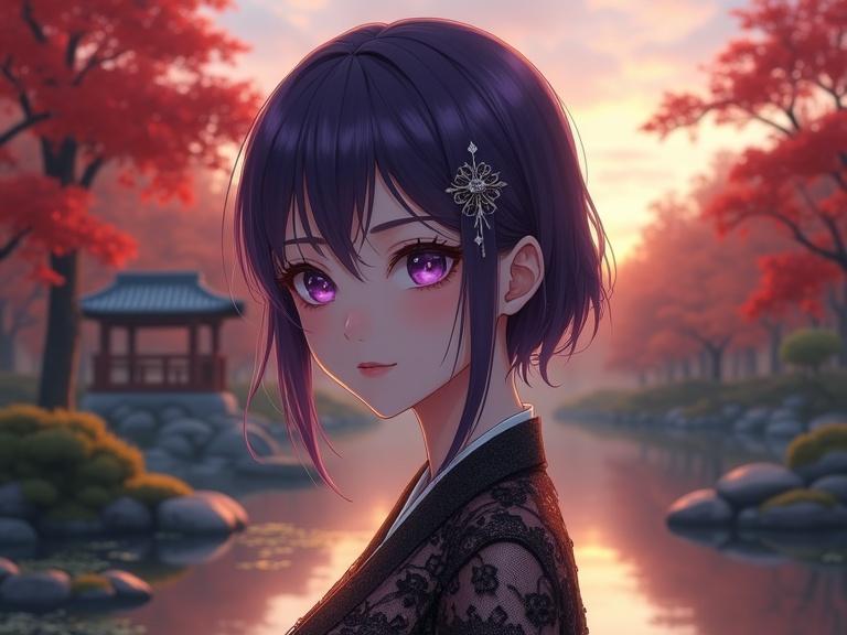 Semi-realistic anime-style portrait of a woman inspired by Hitagi Senjougahara. She has sharp facial structure and deep violet eyes, short violet hair styled with a silver hairpin. Wearing a gothic lace dress. Background is a tranquil Japanese garden at sunset, with soft light filtering through maple trees and a koi pond.