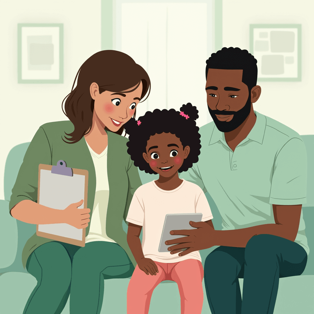 A family sitting on a couch, enjoying a moment together with a tablet.