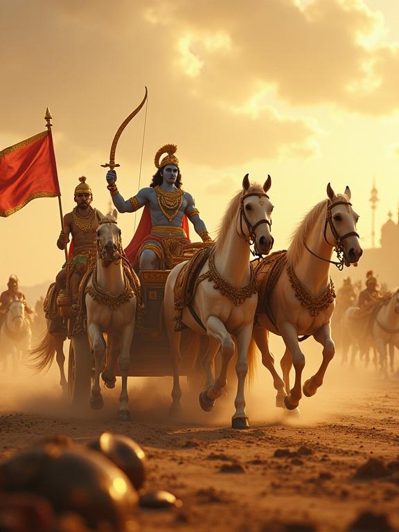 Epic Mahabharata war scene. Golden chariot pulled by five white horses on a dusty battlefield. Lord Krishna with blue skin driving the chariot with reins in hand. Arjuna behind Krishna with a Gandiva bow, wearing golden armor and crown. Red war flag flying in a dramatic glowing sky with scattered fallen warriors. Cinematic style, ultra-realistic, highly detailed.