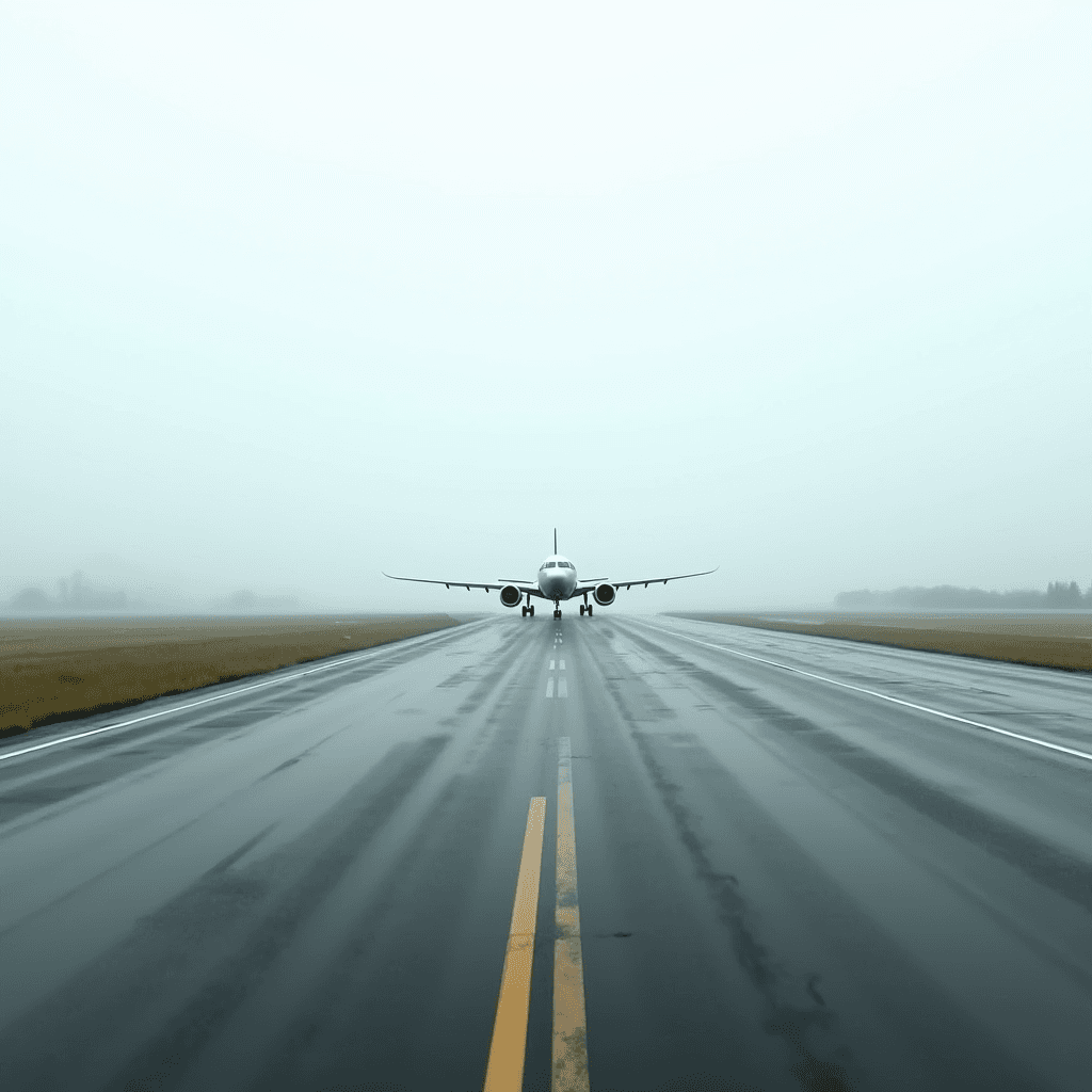 A solitary airplane lands on a foggy runway, shrouded in mist.