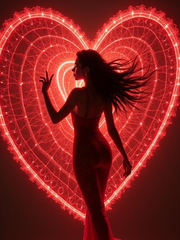 Image with a hyperdetailed model styled as a femme fatale in front of a glowing red heart made of lace. The figure is backlit and shows a dreamy silhouette. Artistic focus on vibrant colors and intricate details.