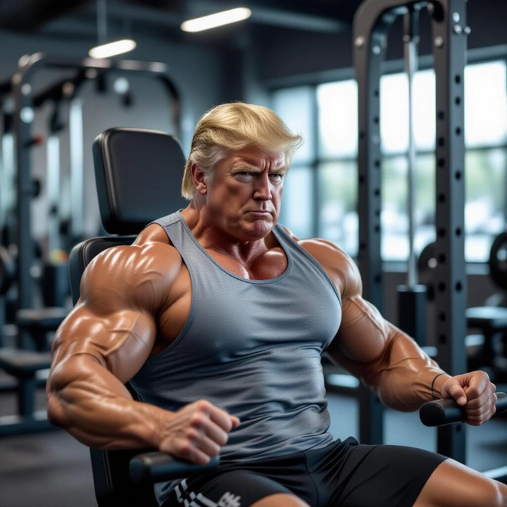 Muscle-bound person in gym tank top using flat bench press machine. Intense expression and sweating. Modern gym surrounding with dramatic lighting. Ultra-realistic image.